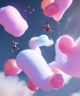 Ultra realistic speed clouds sky scene, wide angle view, sweet men falling down, Childs, feather inflatable color clothing, free jumping flying, many trinkets, hair monster, many jelly beans, balls, color smoke, smile, happy, circus style, extreme, wind, clouds sea, 20,000 feet altitude, stratosphere, soft color, highly detailed, unreal engine 5, ray tracing, RTX, lumen lighting, ultra detail, volumetric lighting, 3d, finely drawn, high definition, high resolution.