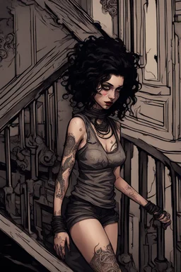 scarred cyberpunk vampire girl with tribal tattoos short curly dark cyberpunk hair descending the staircase in decaying dark mansion on fire