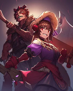 girl, brown hair and freckles on her cheeks, red eyes, has sharp teeth, wears a male battle outfit, has a large axe, hair covers one of her eyes, she is tall and strong, her main color is purple and black