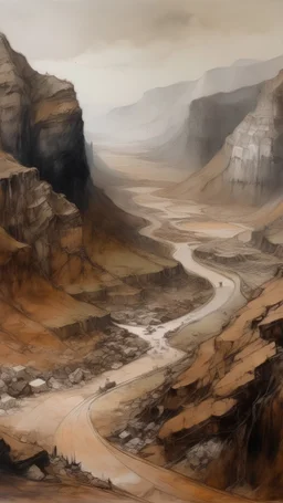 A brown mine in a large mountain painted by Zhang Lu