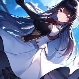 Clear focus,High resolution,High quality,Black sleeveless shirt, White Jacket that is falling off, Red ribbon in the back, Wearing a white skirt, Black gloves, Black long hair, Purple eyes