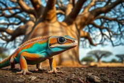 Hyperrealistic portrait of exotic gecko with rainbow iridescent scales in turquoise, orange, gold tones, dark sapphire eyes, walking under majestic baobab tree canopy, African savanna setting, dramatic lighting, award-winning wildlife photography, extremely detailed textures --ar 4:5 --v 7 --style raw --q 2