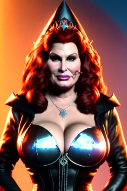 Jennifer Coolidge as evil queen in black leather, busty, cleavage, angry, stern look. character design by cory loftis, . unreal engine 5, artistic lighting, highly detailed, photorealistic, fantasy