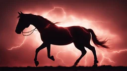 full silhouette of a horse rearing up(outlined by lighting), plus red sky with lightning bolt of electricity traveling (from top right to bottom left)