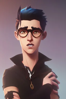 A young adult man with messy black hair and black cat ears, golden eyes, glasses.