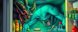 colorful pen and airbrush of twisted demon in the fridge as fantasy art in the style of giger and escher