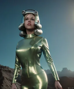 Ultra Realistic retro sci-fi image from 1960, spaceship, sweet young Jane Fonda woman, dress with tight latex suit and retro glass helmet, Retro sci-fi style, soft color, highly detailed, unreal engine 5, ray tracing, RTX, lumen lighting, ultra detail, volumetric lighting, 3d, finely drawn, high definition, high resolution.