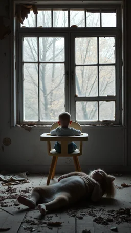 A baby sitting on baby’s eating chair in front of a big window in an abandoned damaged room , a cat out side the window looking at him , the baby’s mom is lying on the front dead