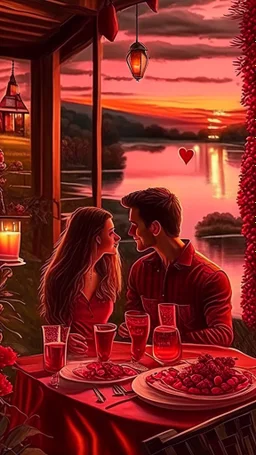 Valentines day date night, no peaple, just scenery, art, drawing, very realistic, detailed, vibrant colors.