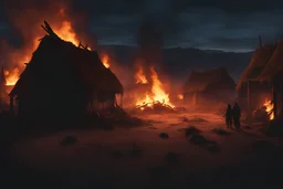 photorealistic, pile of deadbodies, gory, silhoutte at night, burning village, huts burning, scorched village