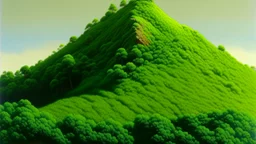 A green mountain with trees and moles painted by Frank Wilson