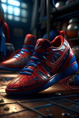 Photoreal gorgeous spiderman nike shoes by lee jeffries, 8k, high detail, smooth render, unreal engine 5, cinema 4d, HDR, dust effect, vivid colors