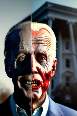 Ultra realistic image, joe biden zombie, zombie performance, suit, skull, blood, torn arm, night, walking twisted, waist up view, thriller style, dark ambient, highly detailed, White House background, concept art, unreal engine 5, god rays, ray tracing, RTX, focal lighting, ultra detail, volumetric lighting, 3d, finely drawn, high definition, high resolution.