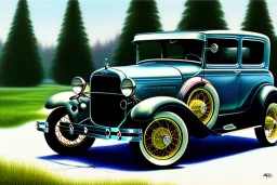 a true-to-life 1928 ford model a sedan, classic wheels, centered, intricate, extreme detailed, photorealism, center view, suburb background, pivot on ford, pen and color marker, painting by cheryl kelley