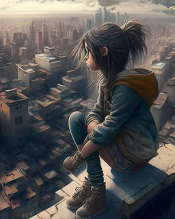 “ girl sitting on a roof looking down at a city below, extremely detailed