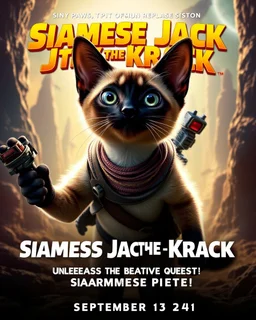 Create a realistic movie poster for 'Siamese Jack the Krack' featuring a siamese in an adventurous setting, with futuristic elements, dramatic lighting, and the tagline 'Tiny Paws, Epic Quests: Unleash the Adventure with Siamese Pete!' with a release date of September 13, 2024