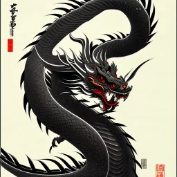 Ukiyo-e styled art, black and white dragon