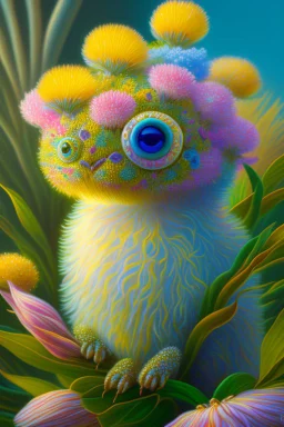 extremely cute creature with strange flowers Hyper realistic eyes, oil on canvas award winning fantastic view ultra detailed acrylic art Ultra realistic Impressionism Surrealism simen johan, sharp focus intricate oil on canvas cinematic lighting photorealistic high detail ultra detailed crisp quality colourful in sunshine