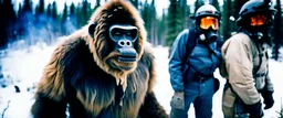 close up of a Yeti in documentary photography, burned trees, Wildfire, Smoke, burning, forest fire, August 1995, Yeti, Dystopian, Japanese, Extreme depth of field, bokeh blur, Alberta, all-natural, in the style of candid, imperfection, natural lighting, Professional shot, shot on Agfa, Fuji Film, Anamorphic lens --ar 4:5 --w 150 --style raw