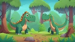 forest landscape with two t-rex toddlers as cartoon for children book