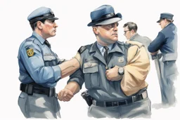 a journalist being arrested by a policeman; white background, symbolic image, stylized, pastel colours;