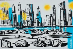 Sunny day, people, rocks, sand, distant modern city, stencil painting