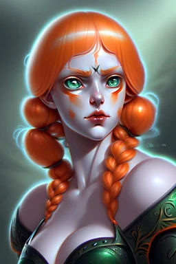 fantasy setting, woman with orange and white hair, green eyes, tall and frail, soft facial traits