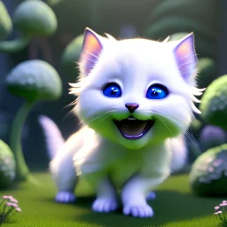 pixar style, volumetric garden environment and background, realistic painting of a cute midget white kitten laying on the ground, looking excited, detailed digital painting, extreme dense and fine fur, anime, ornate, colour-washed colors, elegant, small minutiae, tiny features, particulars, centered, smooth, sharp focus, renderman gofur render, 8k, uhd, detailed eyes, realistic shaded volumetric lighting, sunlight caustics, backlight, centered camera view