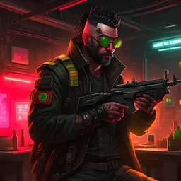 Cyberpunk gunsmith with a cigar holding a rifle