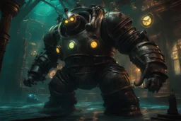 Big Daddy in bioshock model with 8k solo leveling shadow artstyle, venom them, Underwater, neon water, full body, intricate details, highly detailed, high details, detailed portrait, masterpiece,ultra detailed, ultra quality