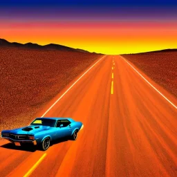 muscle car, desert road, sunset, full colour