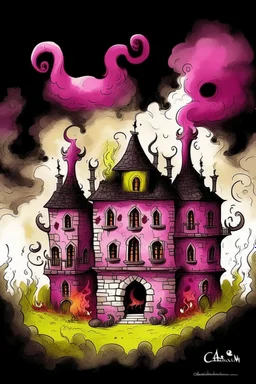 A blackish magenta demon chateau with chaotic fire designed in Lascaux cave paintings painted by Hashimoto Gaho