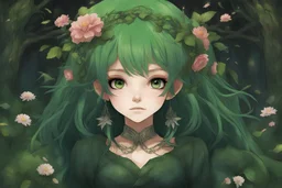 Anime teen of life daughter of the forest friend to all the critters the maiden of flowers green hair deep dark enchanted forest