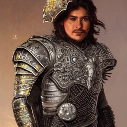 portrait,"Insanely detailed photograph of an armored mariachi warrior with sword", intricate chainmail charo,detailed Sombrero, intricate D20 buttons, digital painting, artstation, concept art, smooth, sharp focus, illustration, art by artgerm and greg rutkowski and alphonse mucha, 8 k