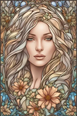 stained glass window design of an overwhelmingly beautiful woman face framed with vector flowers, long shiny, wavy flowing hair, polished, ultra-detailed vector floral illustration mixed with hyper realism, muted pastel colours, vector floral details in the background, muted colours, hyper-detailed ultra intricate overwhelming realism in a detailed complex scene with magical fantasy atmosphere, no signature, no watermark