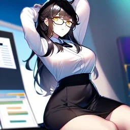 Clear focus, 8k, high quality, detailed, beautiful lighting, girl, vibrant colors, black long hair, vibrant golden eyes, office clothes, glasses, messy hair, sitting stretching, arms above head,