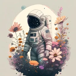 "floral astronaut" hand-drawn digital art, muted tones, flowers everywhere, colorful garden, beautiful galaxy, REALISTIC