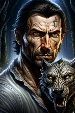 Photographic portrait Jason David Frank as fantasy alpha werewolf in human form very muscular short cropped black hair and stubble on chin, tribal tattoos wearing white button up shirt with rolled up sleeves realistic face, close-up, dark fantasy, fantasy forest, intricate details, hyper detailed, deviant art style