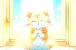 cute chibi thankful cat praying in an icy room in sunshine