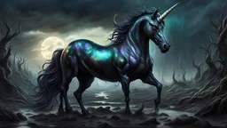 A gritty, full-body shot of an insatiably evil black opal iridescent pearlescent dark unicorn in a surreal landscape, with sharp ivory teeth, macabre, Dariusz Zawadzki art style, liminal spaces, horror art, dark gaming background, wet, glossy, horror art, trypophobia, eerie, intricate details, HDR, beautifully shot, hyperrealistic, sharp focus, back lit, 64 megapixels, perfect composition, high contrast, cinematic