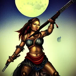 warrior lady with gun under the Moon