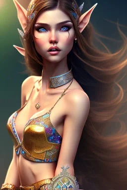 brunette elf, 8k, ultrarealistic, dynamic pose, complete body, LEGS!, triadic colors, intricately detailed, short hair