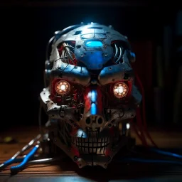 half destroyed robot head lying on a wooden surface, silver face parts, rgb lights rugged face, strings and metal pieces sticking, blue and red eyes bright glow lights, inner machinery look, oil leak, cinematic macro shot,