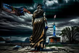 the statue of liberty, dress dirty and torn, her face solemn and terse, trash littered at her feet, she holds a crumpled american flag, she walks away with back turned under a dark and dreary sky, wide angle