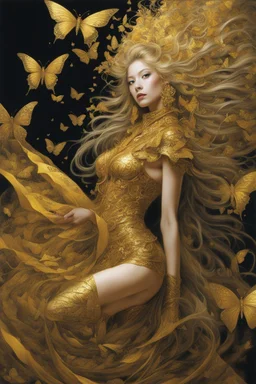 style of Yoshitaka Amano ~ Butterfly Empress, long huge flowing gold hair, yellow eyes. dressed in a cosmic gold plated Armor made of gold butterflies. standing in a room made of butterflies. surrealist. Shades of luminous black and yellow piercing shadow, reminiscent of Beuys and Qian Xuan.