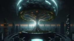 the last tree, city of the future year 4222, portal to space, very realistic, 4K