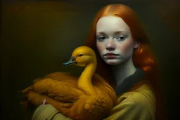 Beautiful golden red hair girl holding duck portrait in ochre, moody, somber, desaturated colors