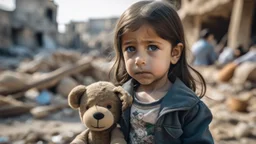 palestinian little girl looking at face to face her toy with tears and Destroyed buildings in the background