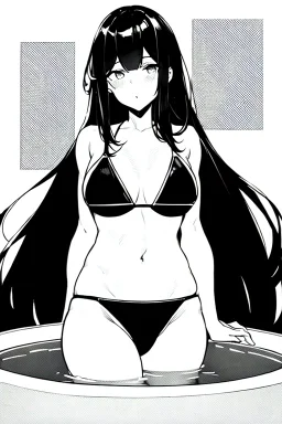 bikini long hair thin girl in termal pool, greyscale, screen tones