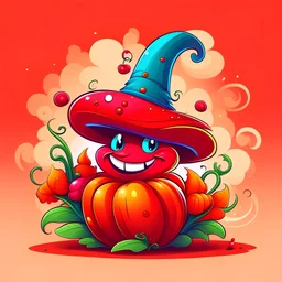 A comical and playful cartoon-shaped red pepper, exuding a vibrant and engaging presence. Its skin appears smooth and glossy, accentuating its round and plump figure. The pepper's most striking feature, however, is the colorful hat it wears. This hat, adorned with a bright and festive array of flowers, ribbons, and other decorative elements, sits atop its head at a jaunty angle, adding a touch of whimsy and charm to its overall appearance. The pepper's facial expression is one of mischief